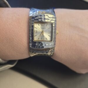 Studio Hammered Silver-Tone Cuff Watch with Gold Dial